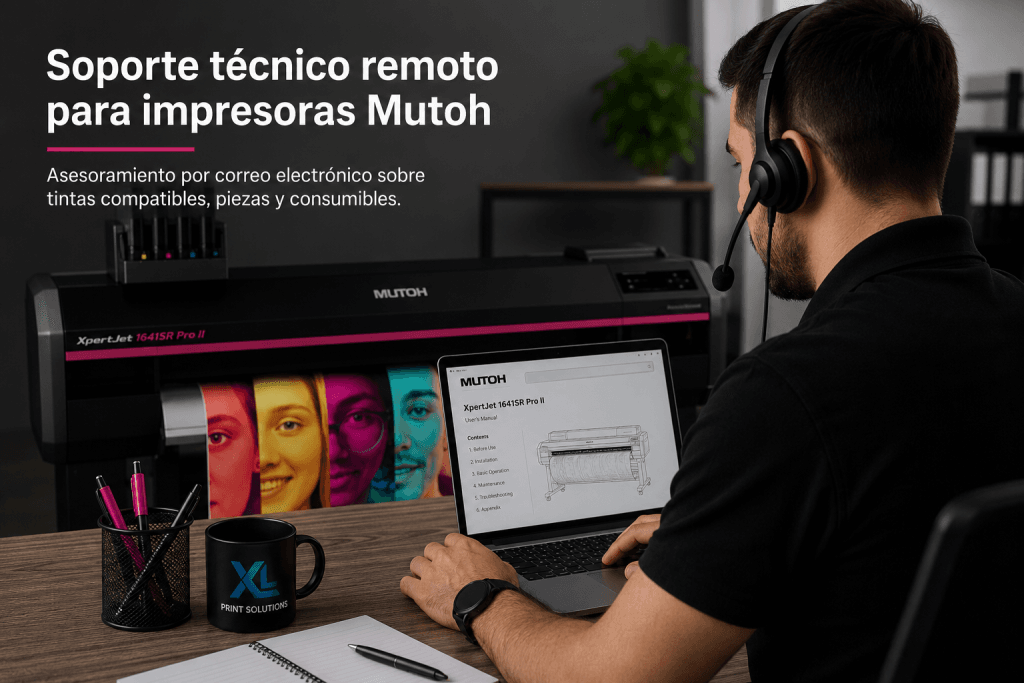 Soporte técnico remoto para impresoras Mutoh por correo electrónico de XL Print Solutions.